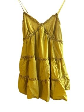 Women's Mustard Tiered Spaghetti-Strap Skater Dress